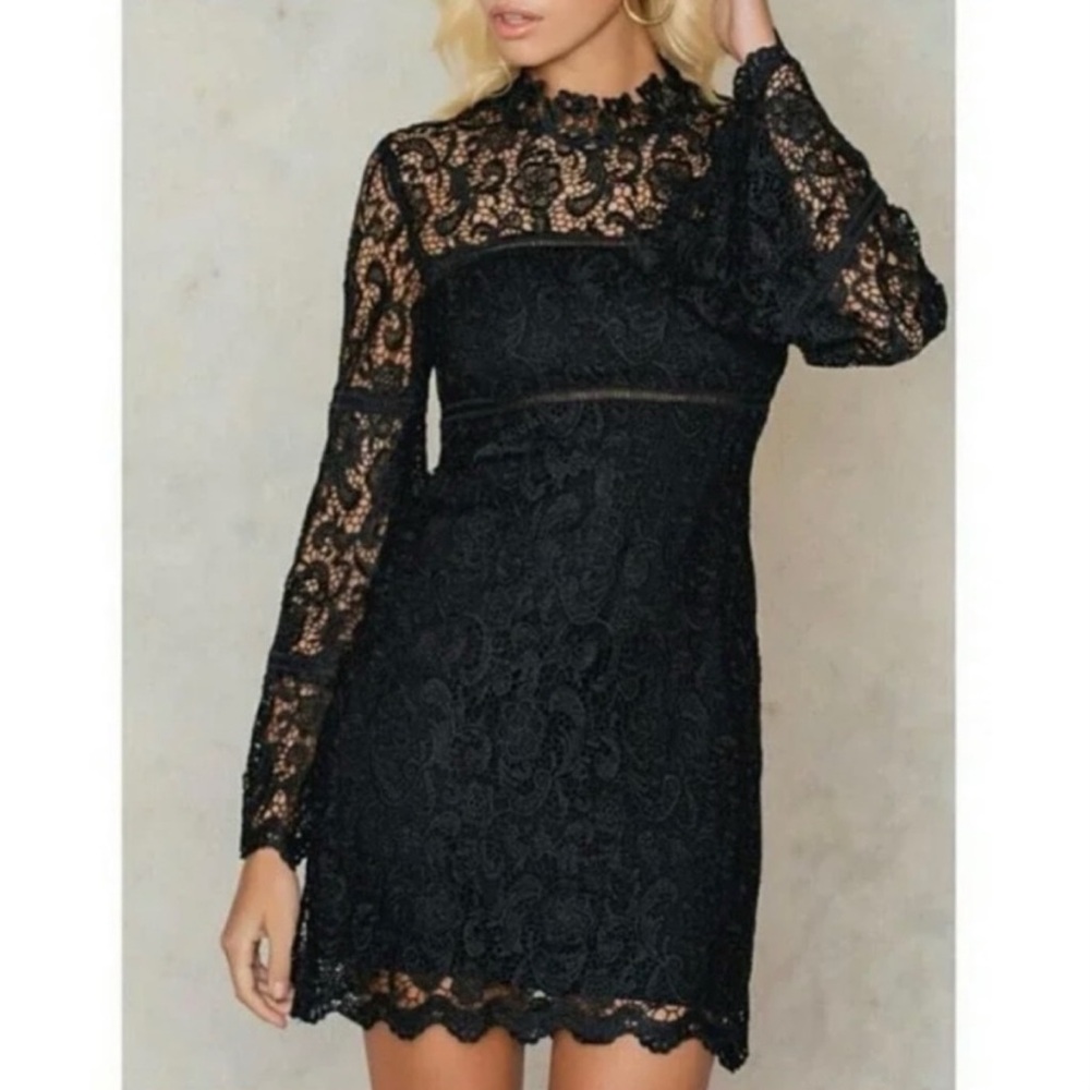 Bardot Flare Long Sleeve Mock Neck Black Lace Sexy Occasion Cocktail Mini Dress